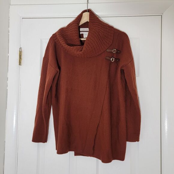 Ellen Tracy 100% Extrafine Merino Wool Leather Buckle Brown Cowlneck Cardigan  M - Picture 1 of 12